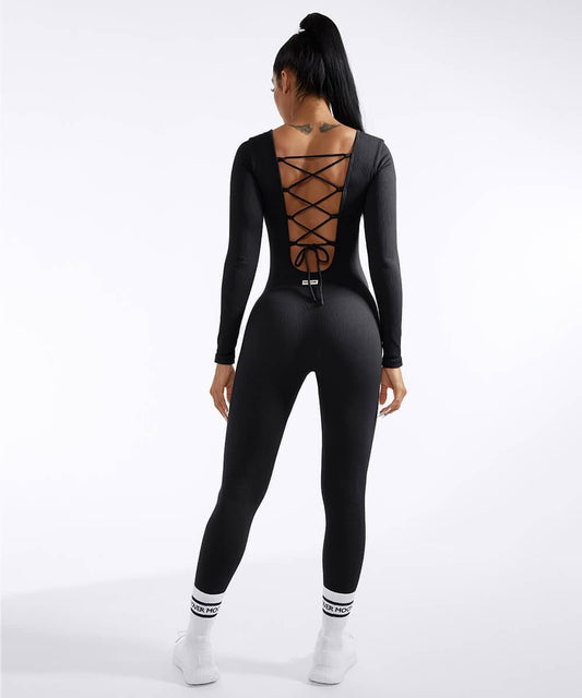 Backless Ribbed Long Sleeve Seamless Jumpsuit