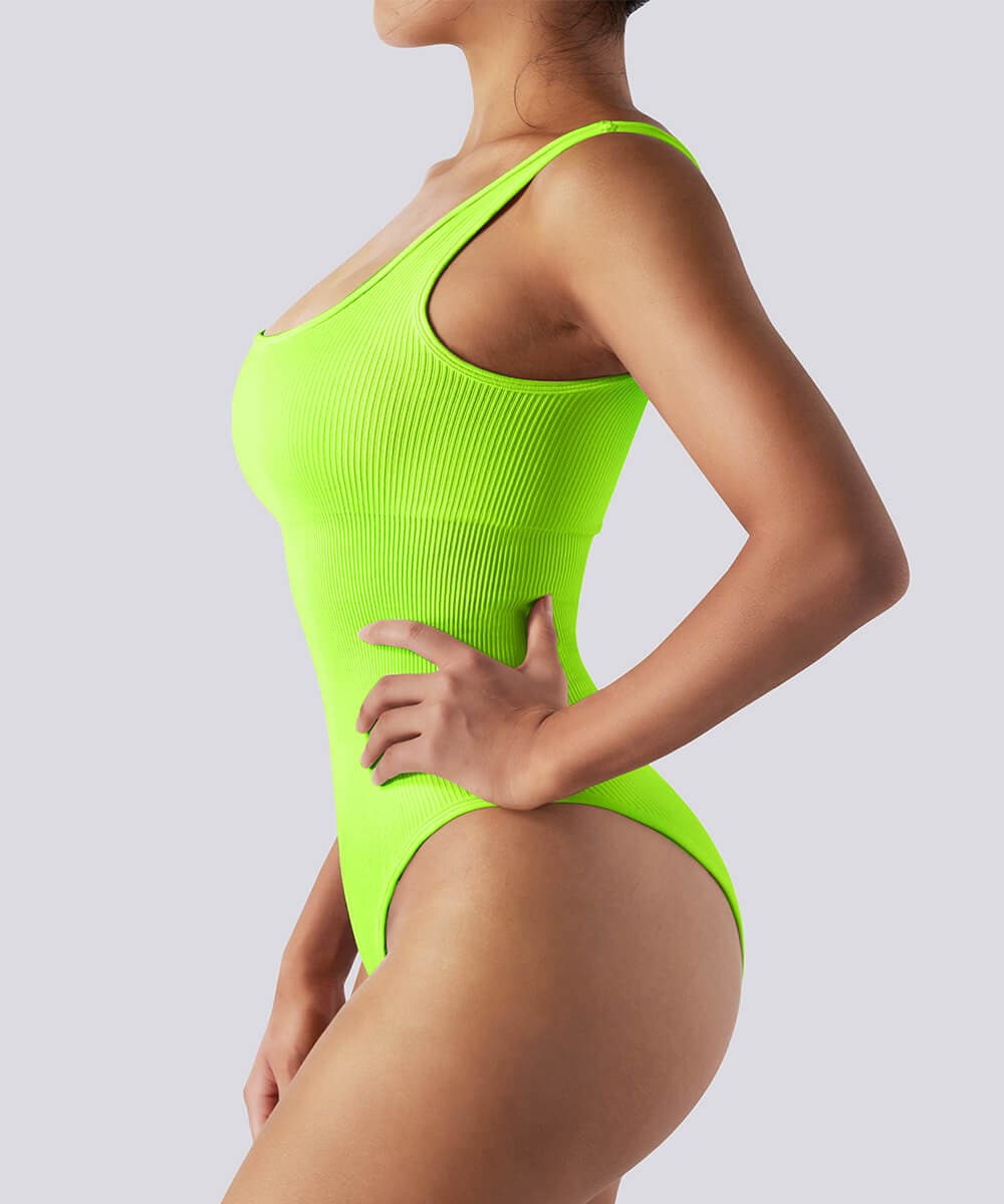 Ribbed Tummy Control Solid Color Sleeveless Seamless Bodysuit