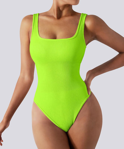 Ribbed Tummy Control Solid Color Sleeveless Seamless Bodysuit