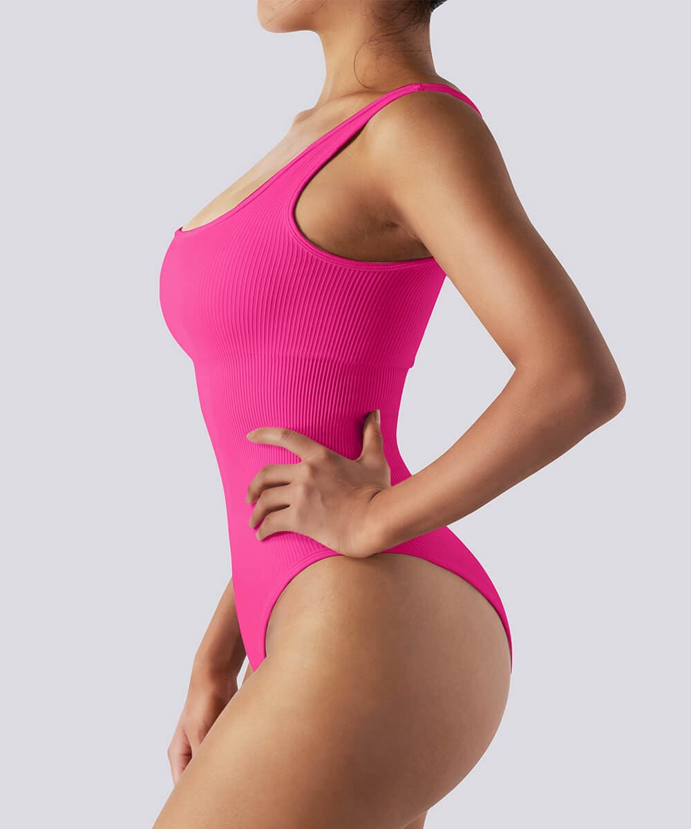 Ribbed Tummy Control Solid Color Sleeveless Seamless Bodysuit