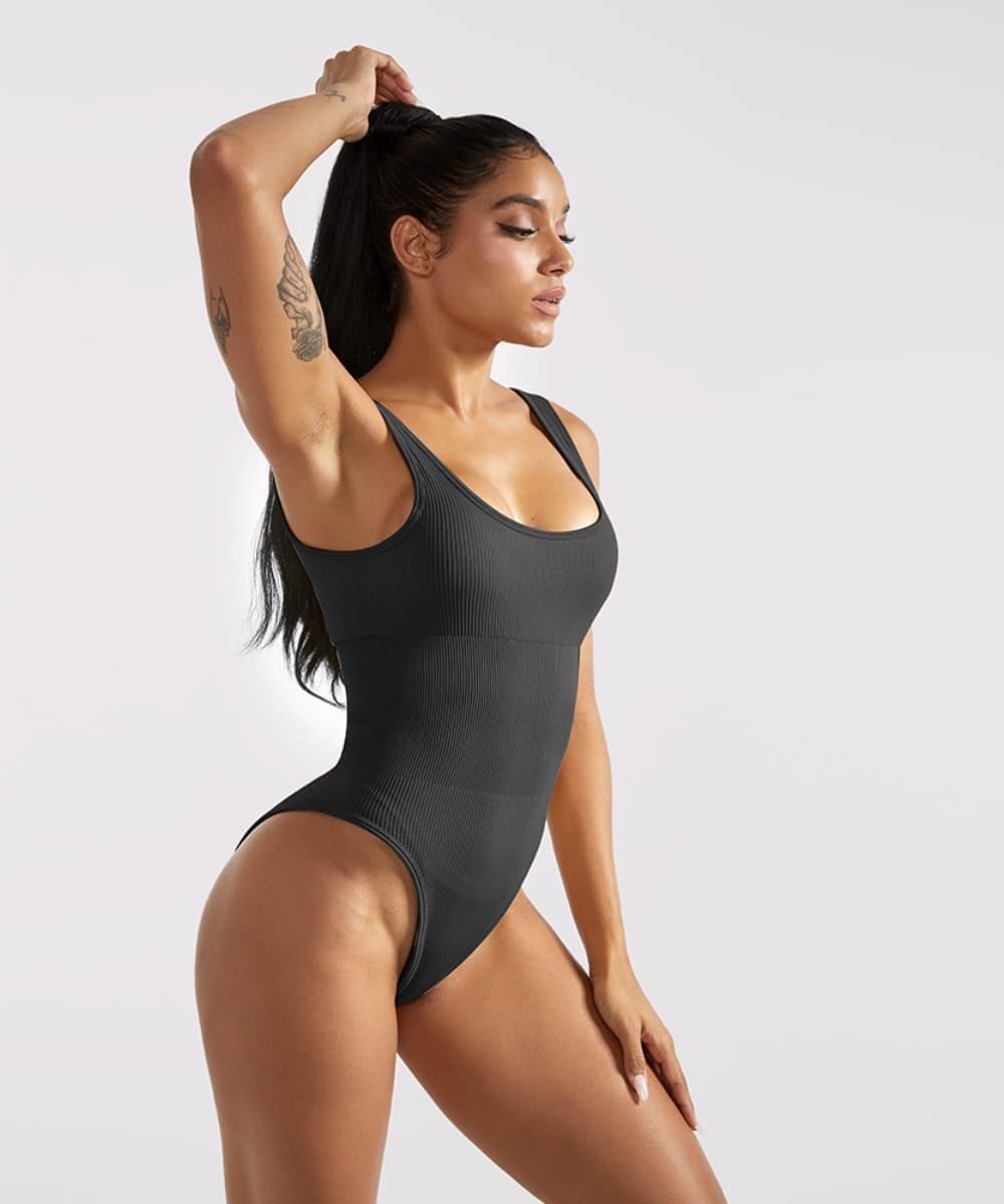 Ribbed Tummy Control Solid Color Sleeveless Seamless Bodysuit